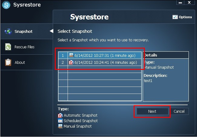 select backup snapshots